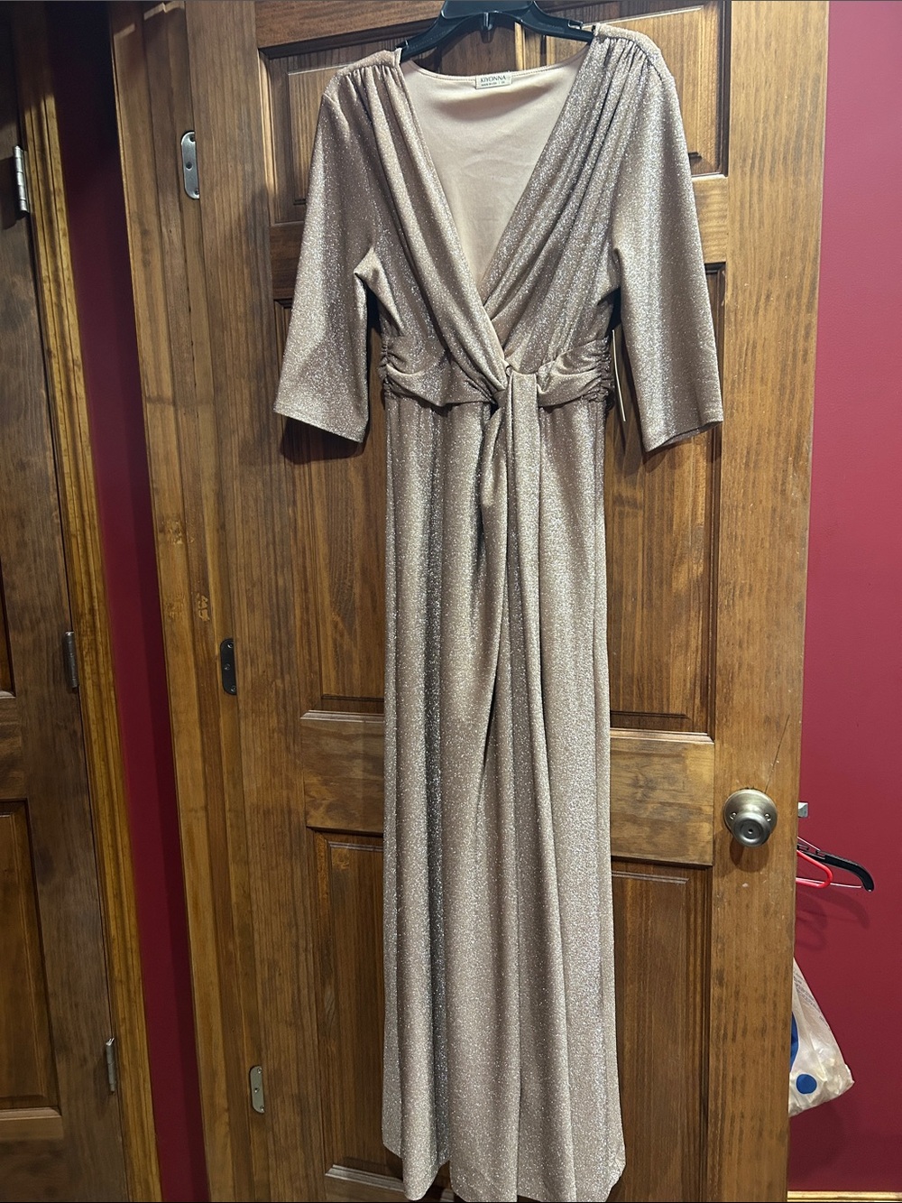 Kiyonna Metallic Taupe Wrap-Style Maxi Dress with Tie